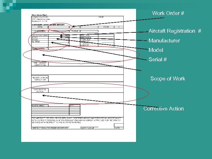 Work Order # Aircraft Registration # Manufacturer Model Serial # Scope of Work Corrective