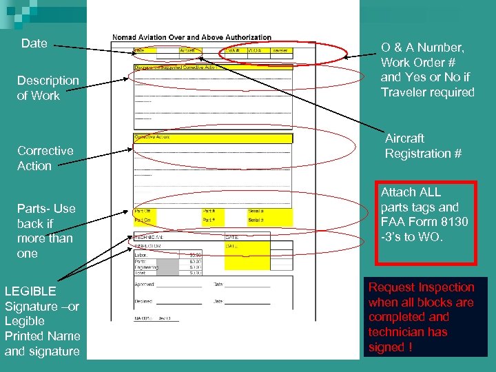 Date Description of Work Corrective Action Parts- Use back if more than one LEGIBLE