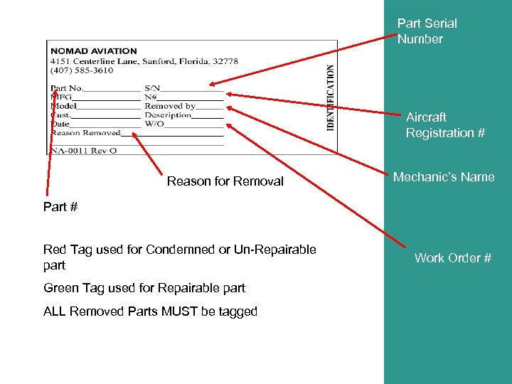 Part Serial Number Aircraft Registration # Reason for Removal Mechanic’s Name Part # Red