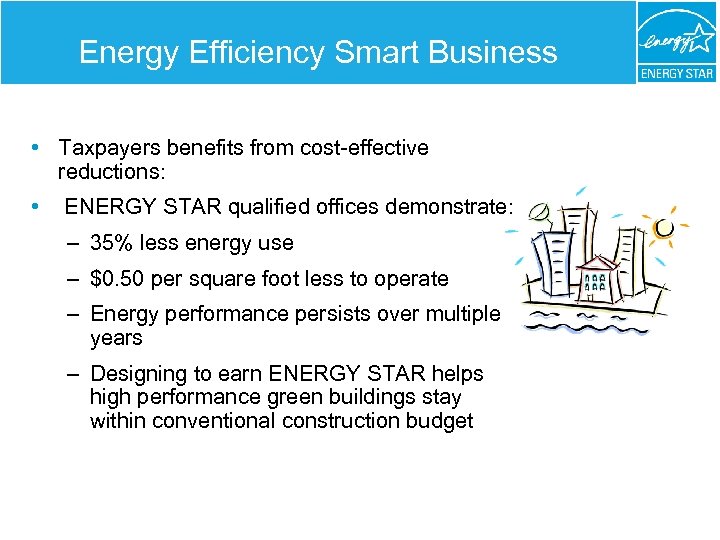 Energy Efficiency Smart Business • Taxpayers benefits from cost-effective reductions: • ENERGY STAR qualified