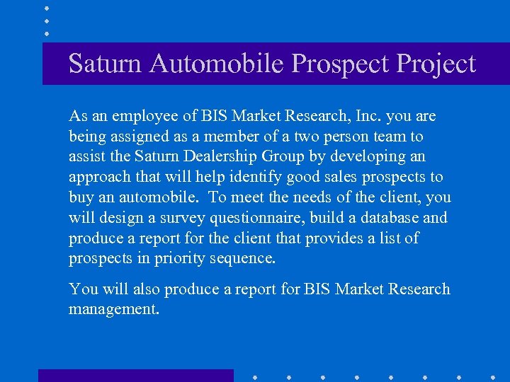 Saturn Automobile Prospect Project As an employee of BIS Market Research, Inc. you are