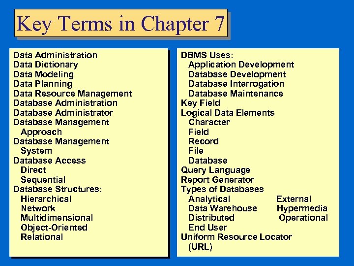 Key Terms in Chapter 7 Data Administration Data Dictionary Data Modeling Data Planning Data