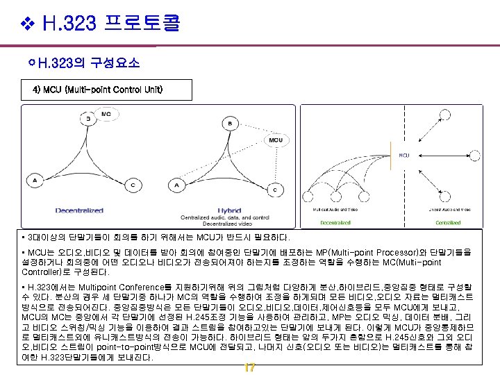 v H. 323 프로토콜 H. 323의 구성요소 4) MCU (Multi-point Control Unit) • 3대이상의
