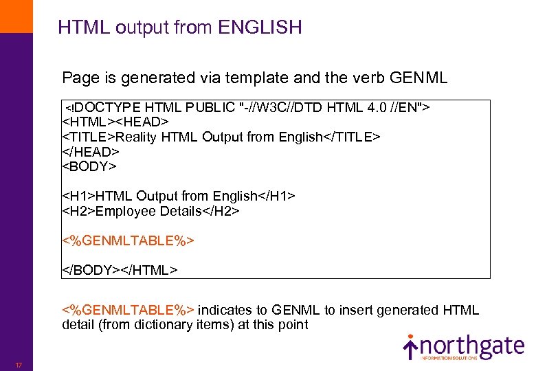 HTML output from ENGLISH Page is generated via template and the verb GENML <!DOCTYPE