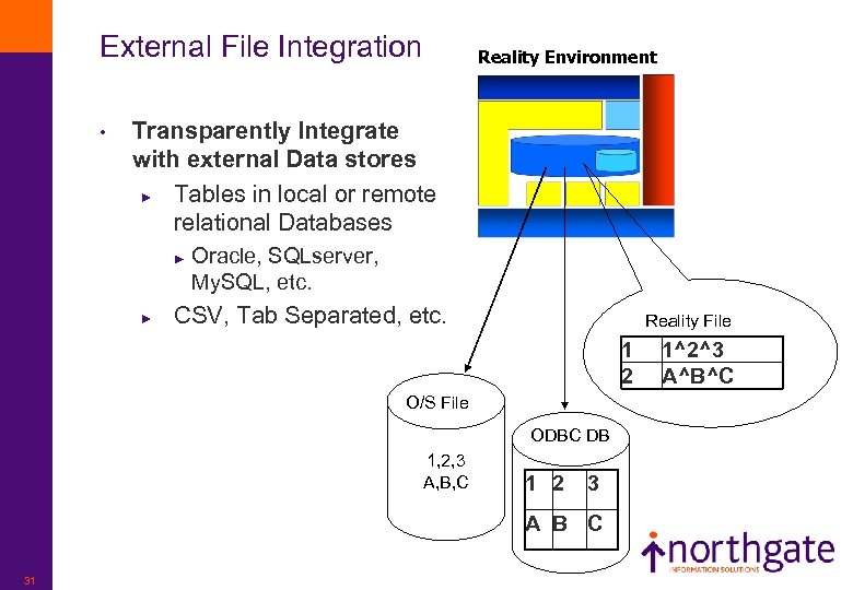 External File Integration • Reality Environment Transparently Integrate with external Data stores ► Tables