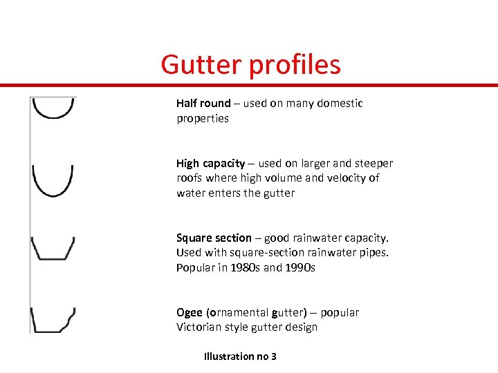 Gutter profiles Half round – used on many domestic properties High capacity – used