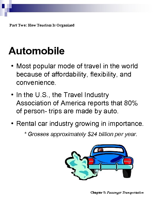 Part Two: How Tourism Is Organized Automobile • Most popular mode of travel in