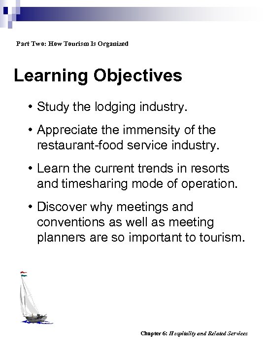 Part Two: How Tourism Is Organized Learning Objectives • Study the lodging industry. •