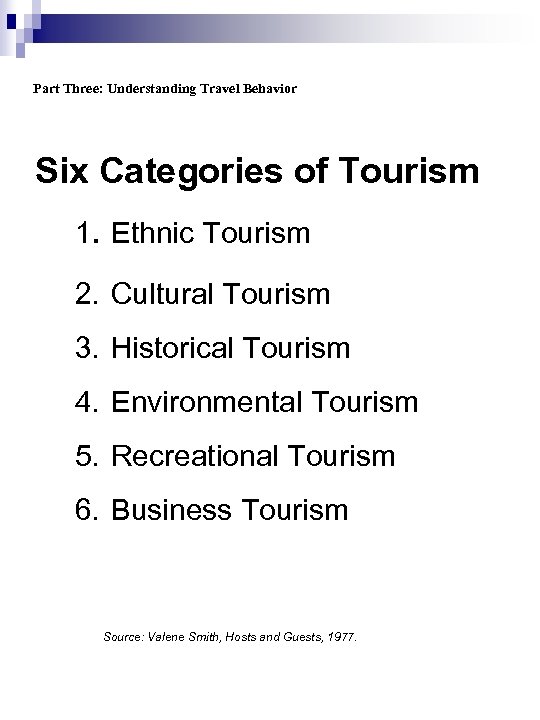 Part Three: Understanding Travel Behavior Six Categories of Tourism 1. Ethnic Tourism 2. Cultural