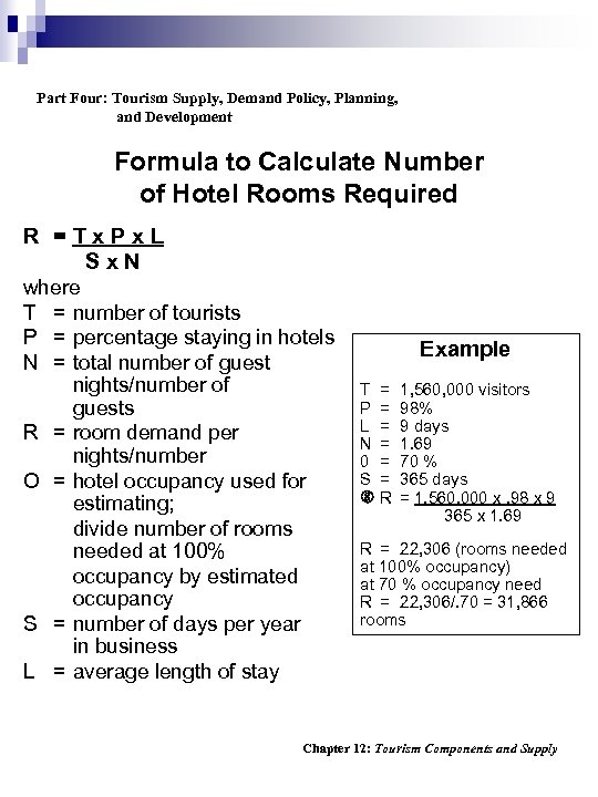 Part Four: Tourism Supply, Demand Policy, Planning, and Development Formula to Calculate Number of