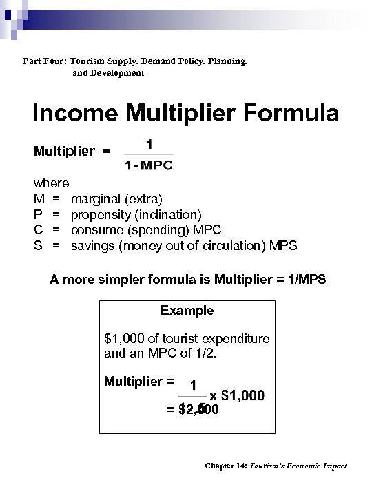 Part Four: Tourism Supply, Demand Policy, Planning, and Development Income Multiplier Formula Multiplier =