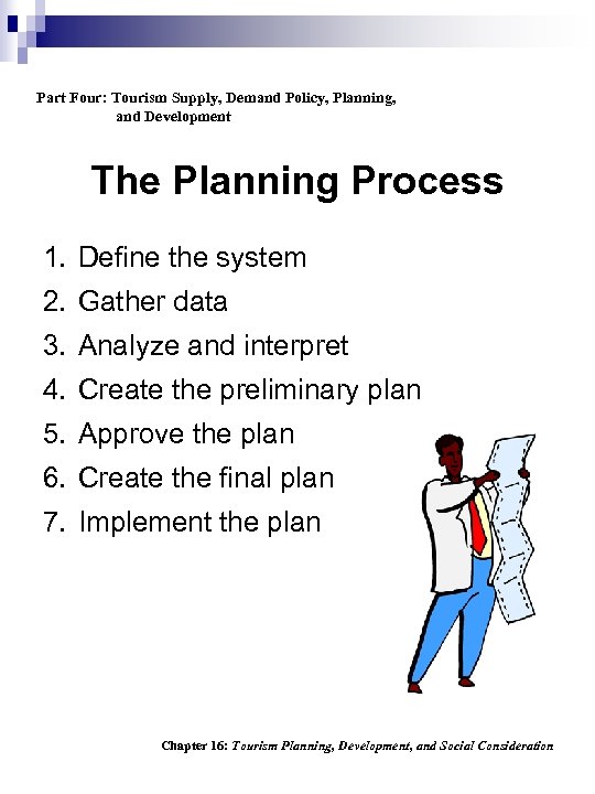 Part Four: Tourism Supply, Demand Policy, Planning, and Development The Planning Process 1. Define