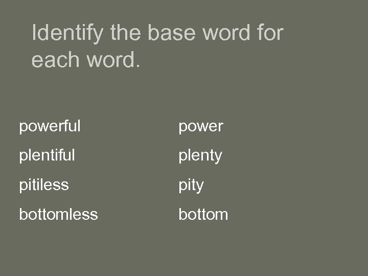 Identify the base word for each word. powerful power plentiful plenty pitiless pity bottomless