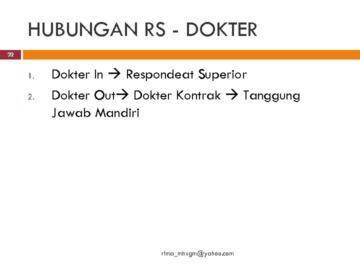 HUBUNGAN RS - DOKTER 32 1. 2. Dokter In Respondeat Superior Dokter Out Dokter