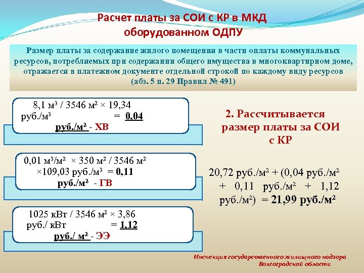 Расчет платы за СОИ с КР в МКД оборудованном ОДПУ Размер платы за содержание