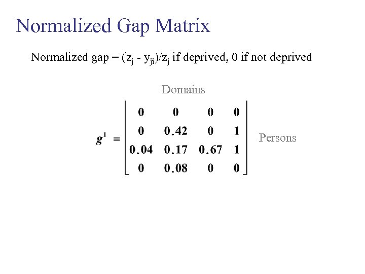 Normalized Gap Matrix Normalized gap = (zj - yji)/zj if deprived, 0 if not