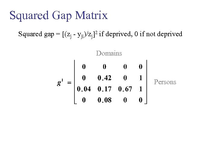 Squared Gap Matrix Squared gap = [(zj - yji)/zj]2 if deprived, 0 if not