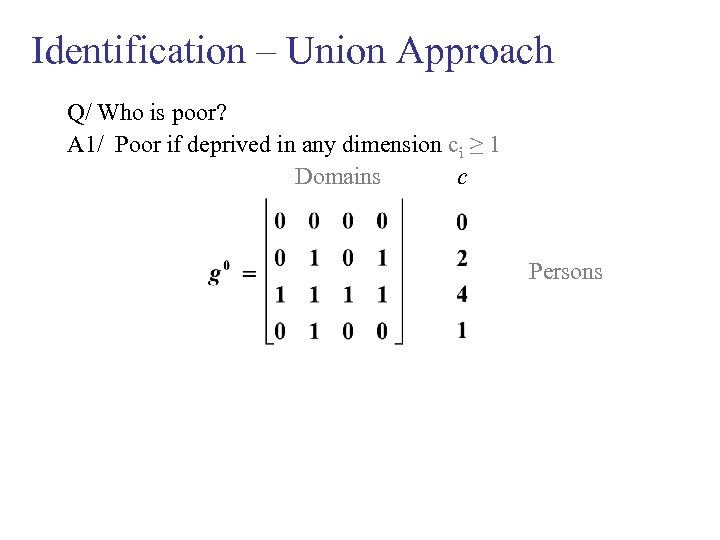 Identification – Union Approach Q/ Who is poor? A 1/ Poor if deprived in