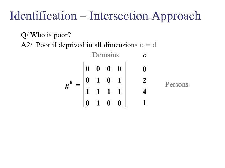 Identification – Intersection Approach Q/ Who is poor? A 2/ Poor if deprived in