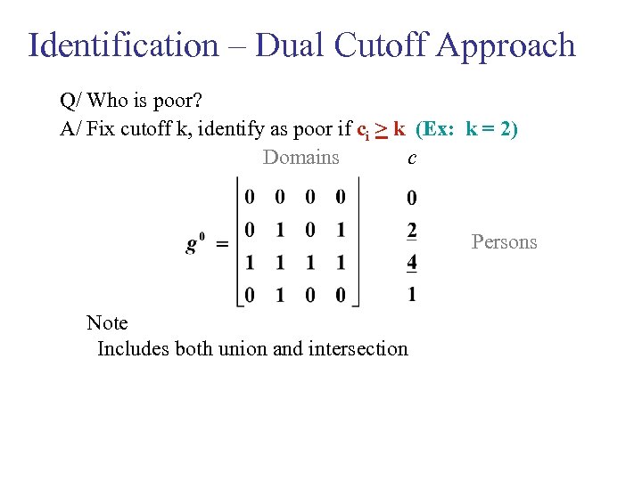 Identification – Dual Cutoff Approach Q/ Who is poor? A/ Fix cutoff k, identify