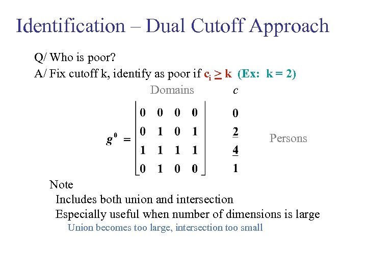 Identification – Dual Cutoff Approach Q/ Who is poor? A/ Fix cutoff k, identify
