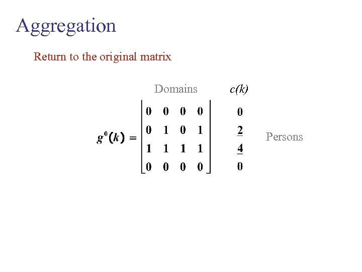 Aggregation Return to the original matrix Domains c(k) Persons 