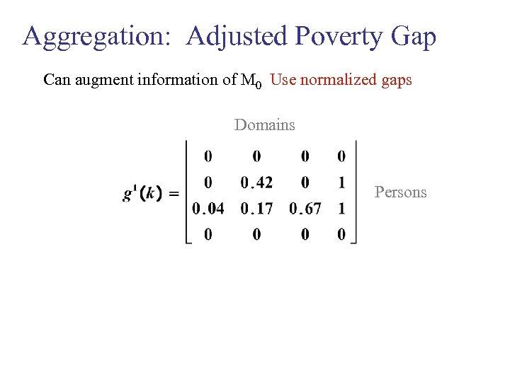 Aggregation: Adjusted Poverty Gap Can augment information of M 0 Use normalized gaps Domains