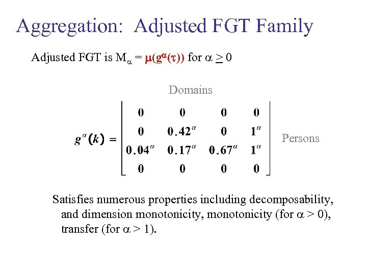Aggregation: Adjusted FGT Family Adjusted FGT is M = m(ga(t)) for > 0 Domains