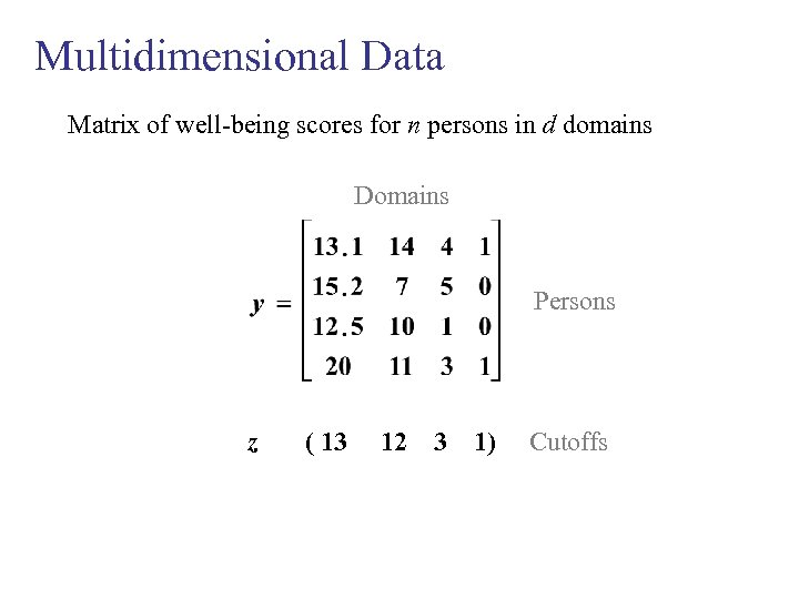 Multidimensional Data Matrix of well-being scores for n persons in d domains Domains Persons