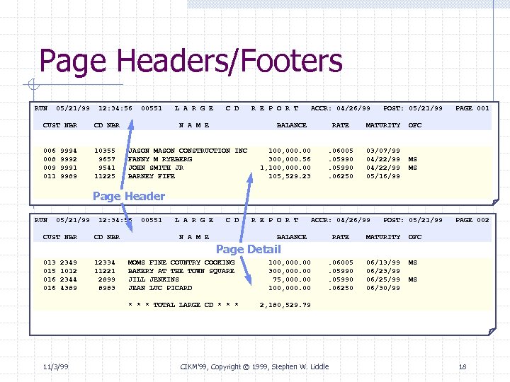 Page Headers/Footers RUN 05/21/99 12: 34: 56 CUST NBR CD NBR 006 008 009