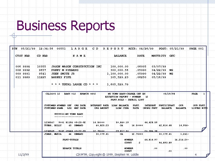 Business Reports RUN 05/21/99 12: 34: 56 CUST NBR 10355 9657 9541 11225 L