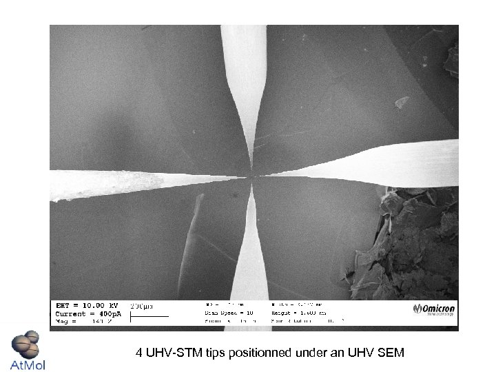 4 UHV-STM tips positionned under an UHV SEM 