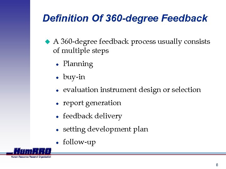 Definition Of 360 -degree Feedback u A 360 -degree feedback process usually consists of
