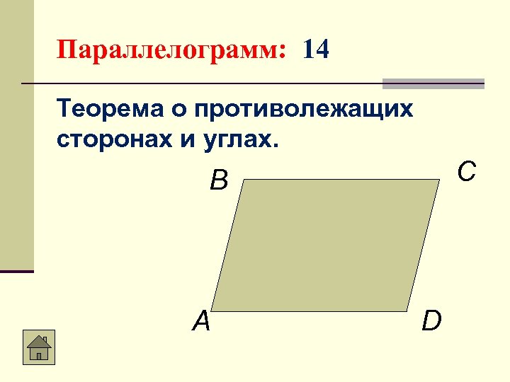 Параллелограмм: 14 Теорема о противолежащих сторонах и углах. С В А D 