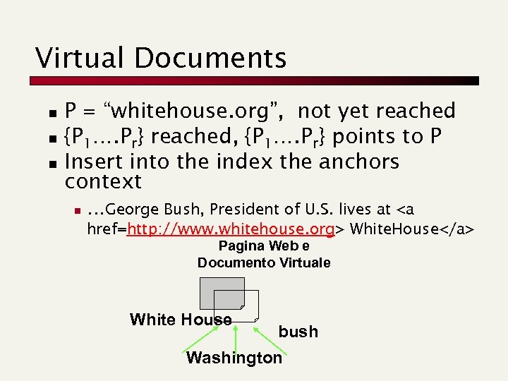 Virtual Documents n n n P = “whitehouse. org”, not yet reached {P 1….