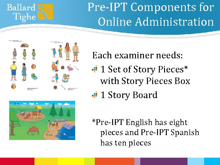 Pre-IPT Components for Online Administration Each examiner needs: 1 Set of Story Pieces* with