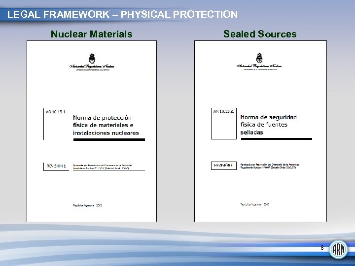 LEGAL FRAMEWORK – PHYSICAL PROTECTION Nuclear Materials Sealed Sources 8 