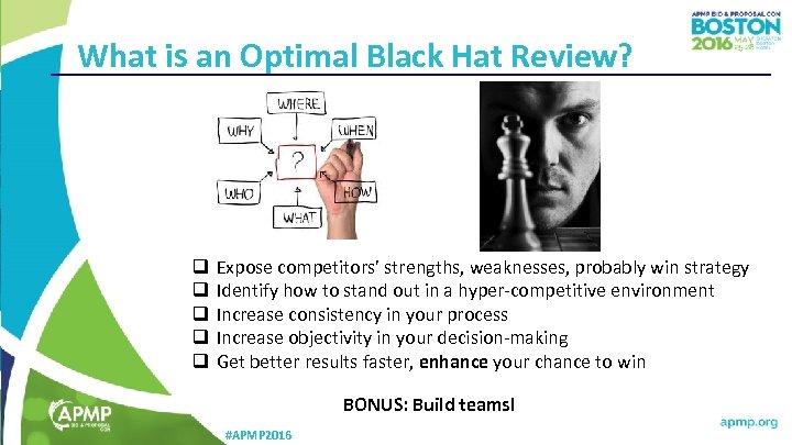 What is an Optimal Black Hat Review? q q q Expose competitors’ strengths, weaknesses,
