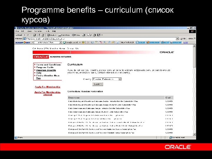 Programme benefits – curriculum (список курсов) 