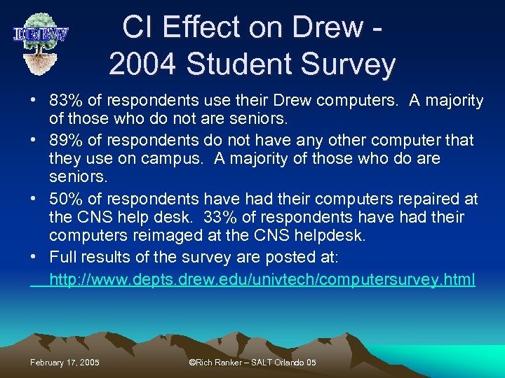 CI Effect on Drew 2004 Student Survey • 83% of respondents use their Drew