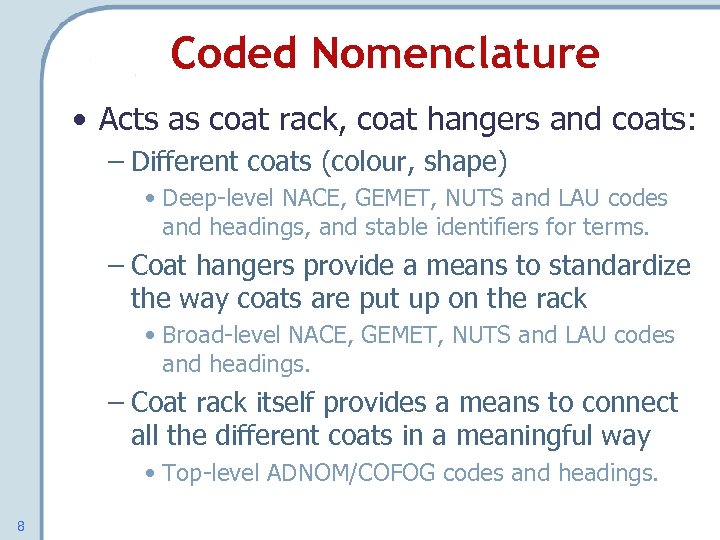 Coded Nomenclature • Acts as coat rack, coat hangers and coats: – Different coats