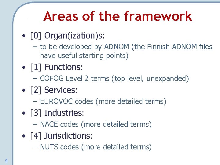 Areas of the framework • [0] Organ(ization)s: – to be developed by ADNOM (the