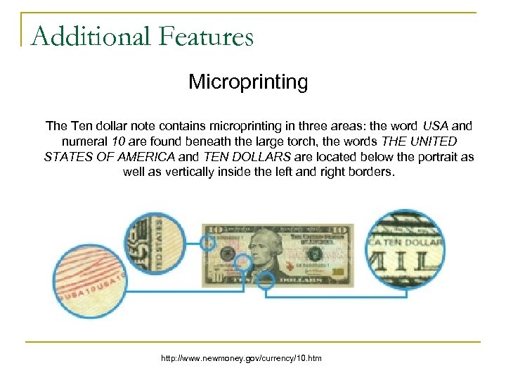 Additional Features Microprinting The Ten dollar note contains microprinting in three areas: the word