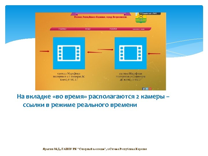 На вкладке «во время» располагаются 2 камеры – ссылки в режиме реального времени Ярыгин