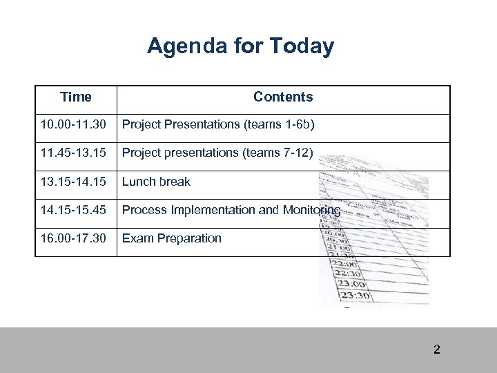 Agenda for Today Time Contents 10. 00 -11. 30 Project Presentations (teams 1 -6