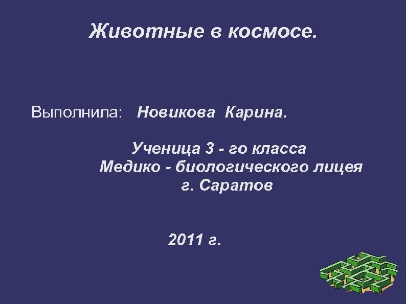 Животные в космосе. Выполнила: Новикова Карина. Ученица 3 - го класса Медико - биологического