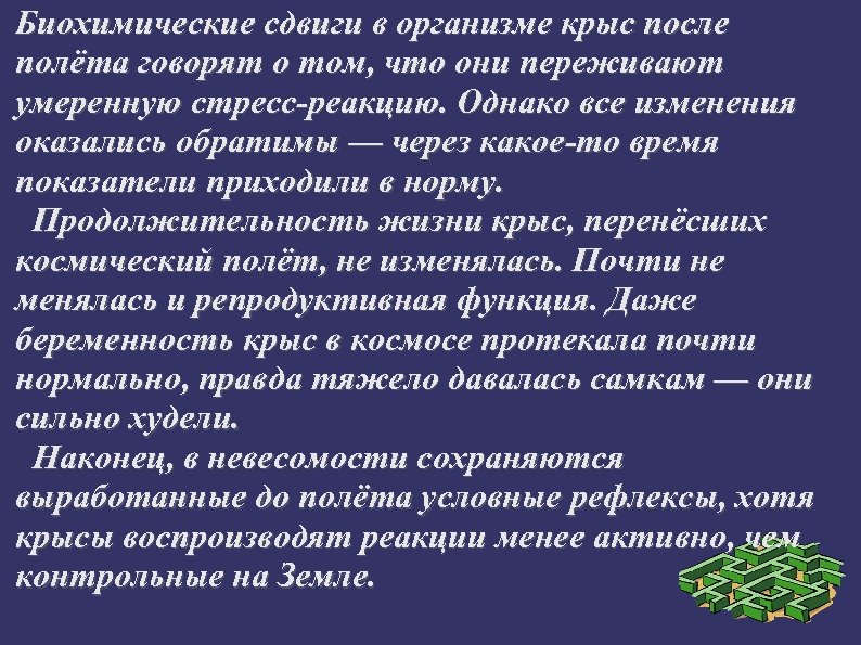 Биохимические сдвиги в организме крыс после полёта говорят о том, что они переживают умеренную