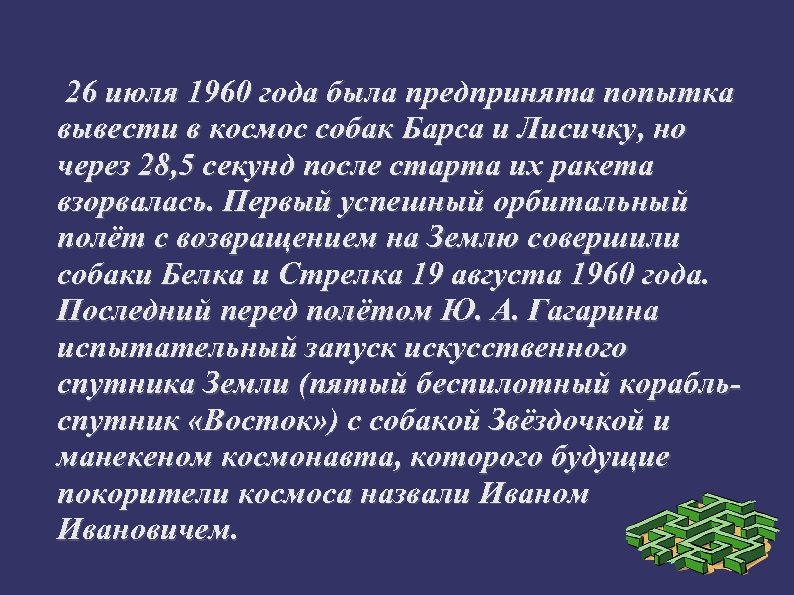 26 июля 1960 года была предпринята попытка вывести в космос собак Барса и Лисичку,