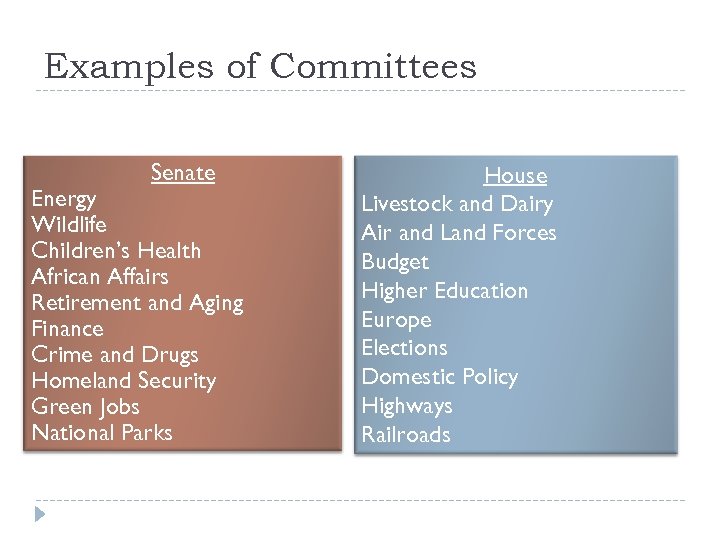 Examples of Committees Senate Energy Wildlife Children’s Health African Affairs Retirement and Aging Finance