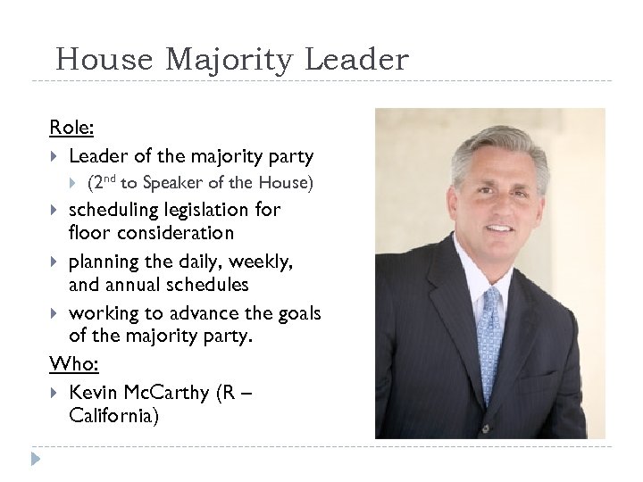 House Majority Leader Role: Leader of the majority party (2 nd to Speaker of